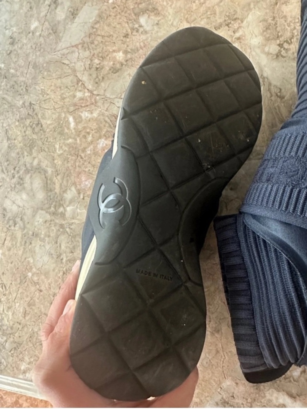 CHANEL Dark Blue Knit High-Top Sneakers - Picture 6 of 10